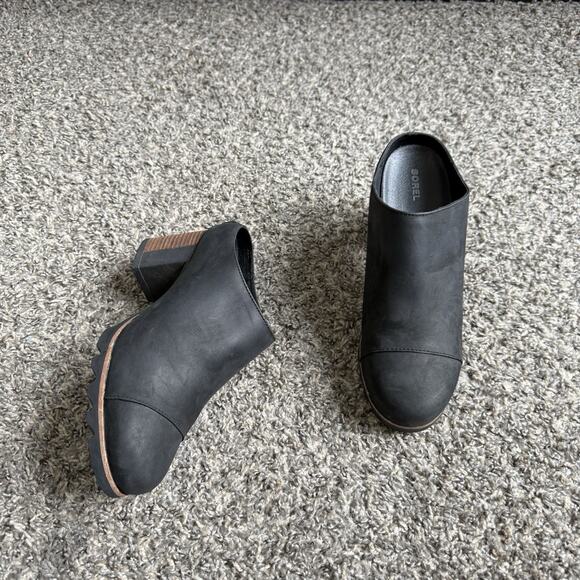 Sorel Addington Mules Waterproof Black Leather Block Heel Clogs Slip On 9.5 - Picture 7 of 8